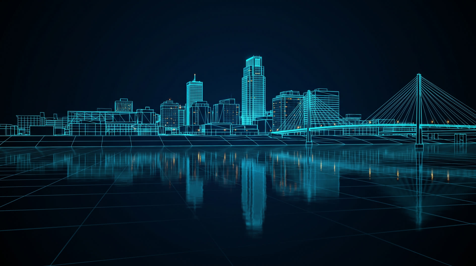 Omaha skyline rendered as a glowing cyan wireframe